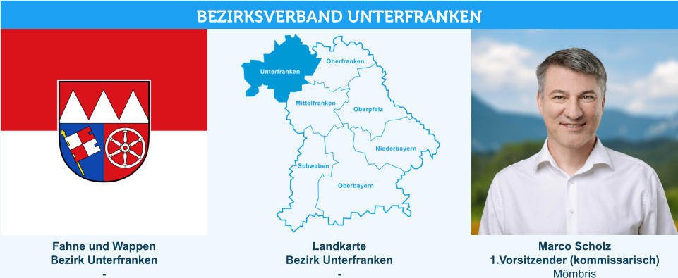 Landkarte Bezirk Unterfranken - Fahne und Wappen Bezirk Unterfranken -   Marco Scholz 1.Vorsitzender (kommissarisch) Mömbris BEZIRKSVERBAND UNTERFRANKEN