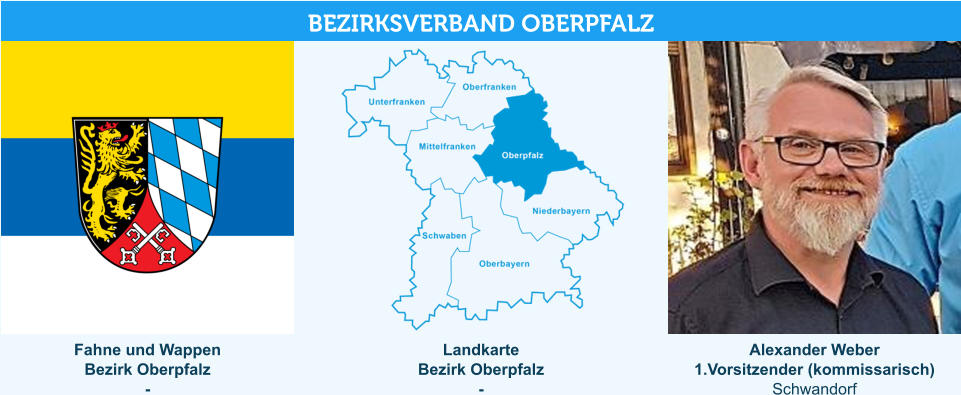 Landkarte Bezirk Oberpfalz - Fahne und Wappen Bezirk Oberpfalz -   Alexander Weber 1.Vorsitzender (kommissarisch) Schwandorf BEZIRKSVERBAND OBERPFALZ